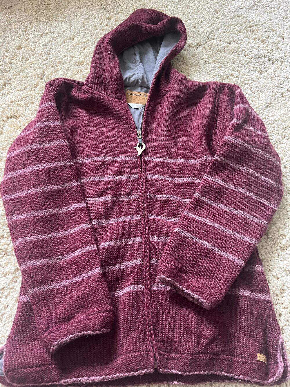 Laundromat burgundy striped knit hooded full zip sweater jacket with pouch pocke